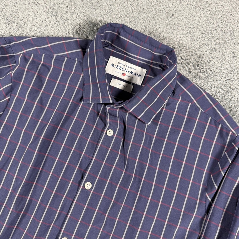 Mizzen+Main Dress Shirt Mens Large Blue Windowpane Leeward Trim Fit Performance